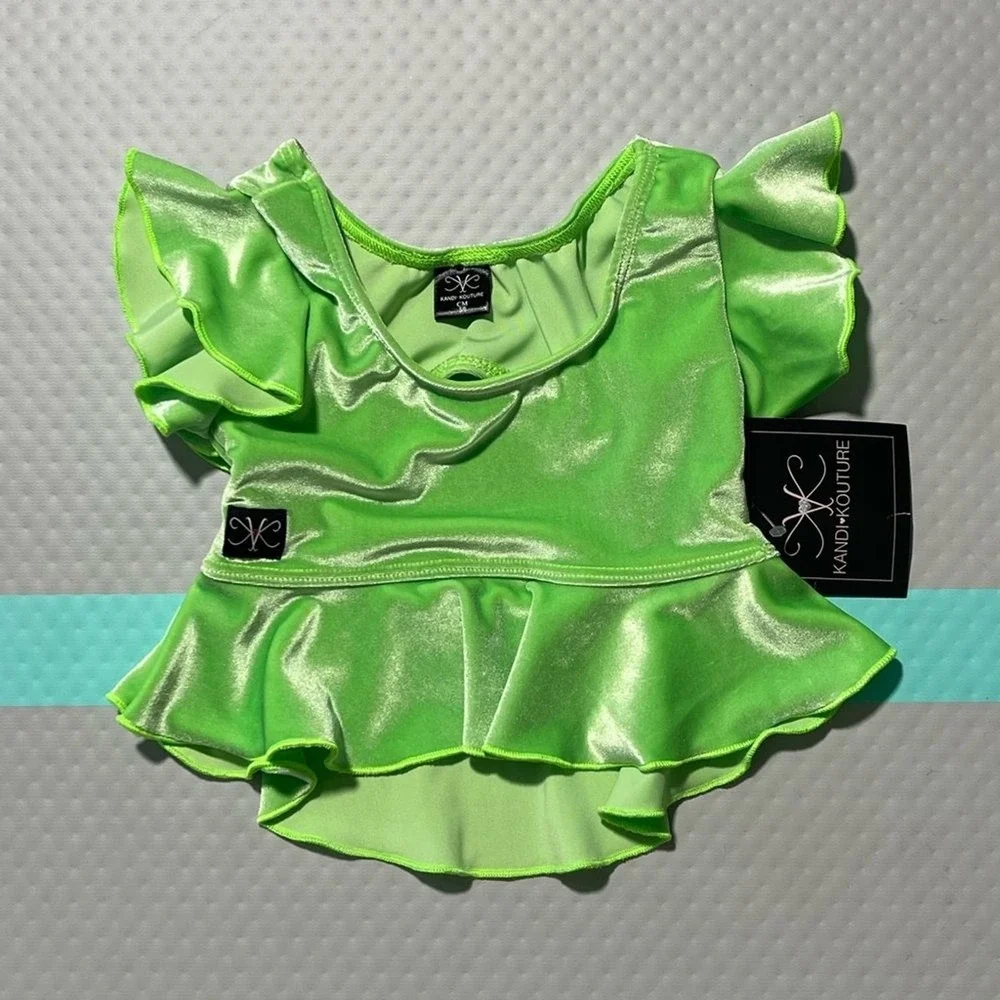 Kandi Kouture Neon Green Velvet Ruffle Peplum Dance Top Child Medium child CM
